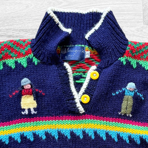 Childrens Peruvian Colorful Knit Sz 2 Sweater 3D Crochet People Rainbow Stripes - Picture 3 of 6